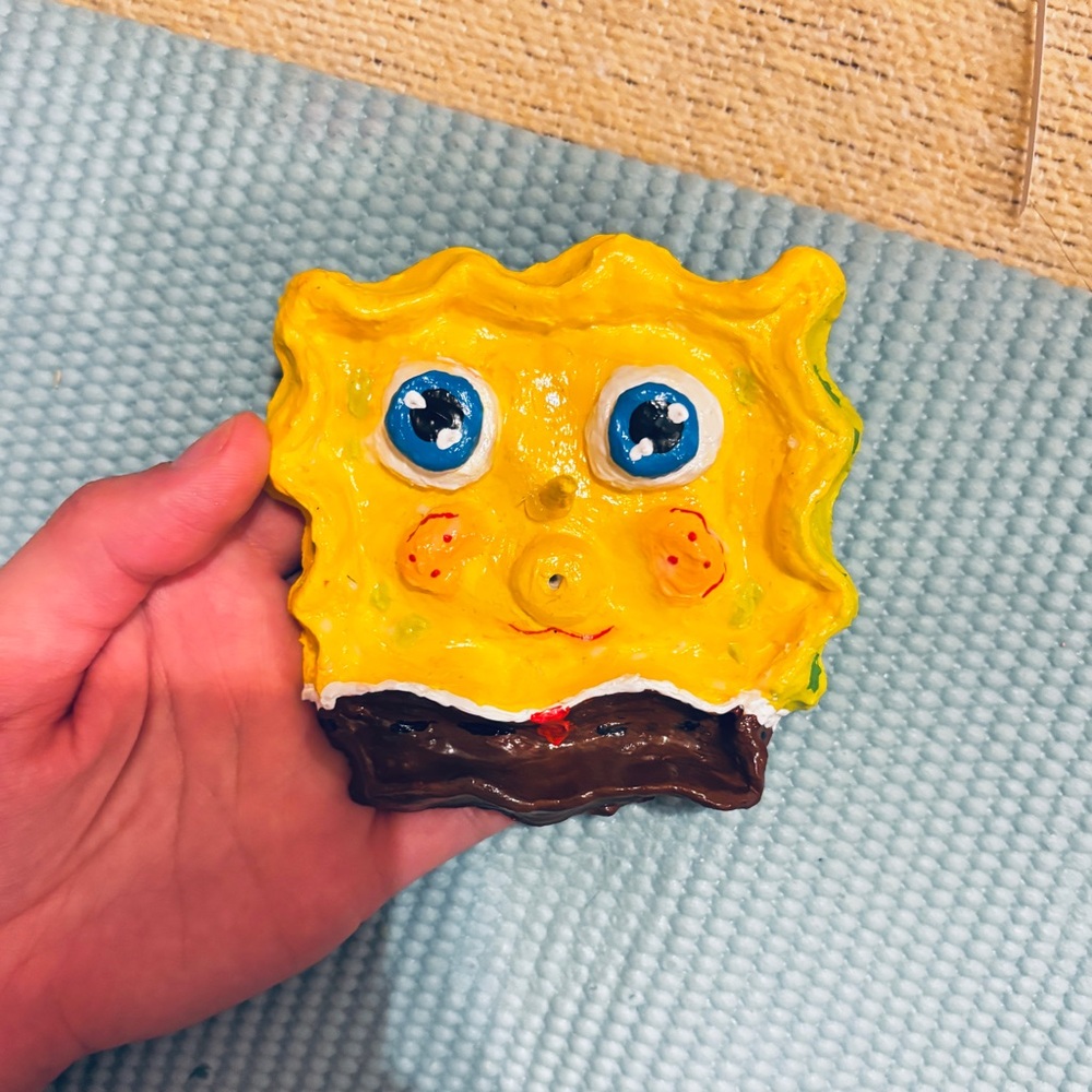 Yellow SpongeBob incense holder, handmade by me